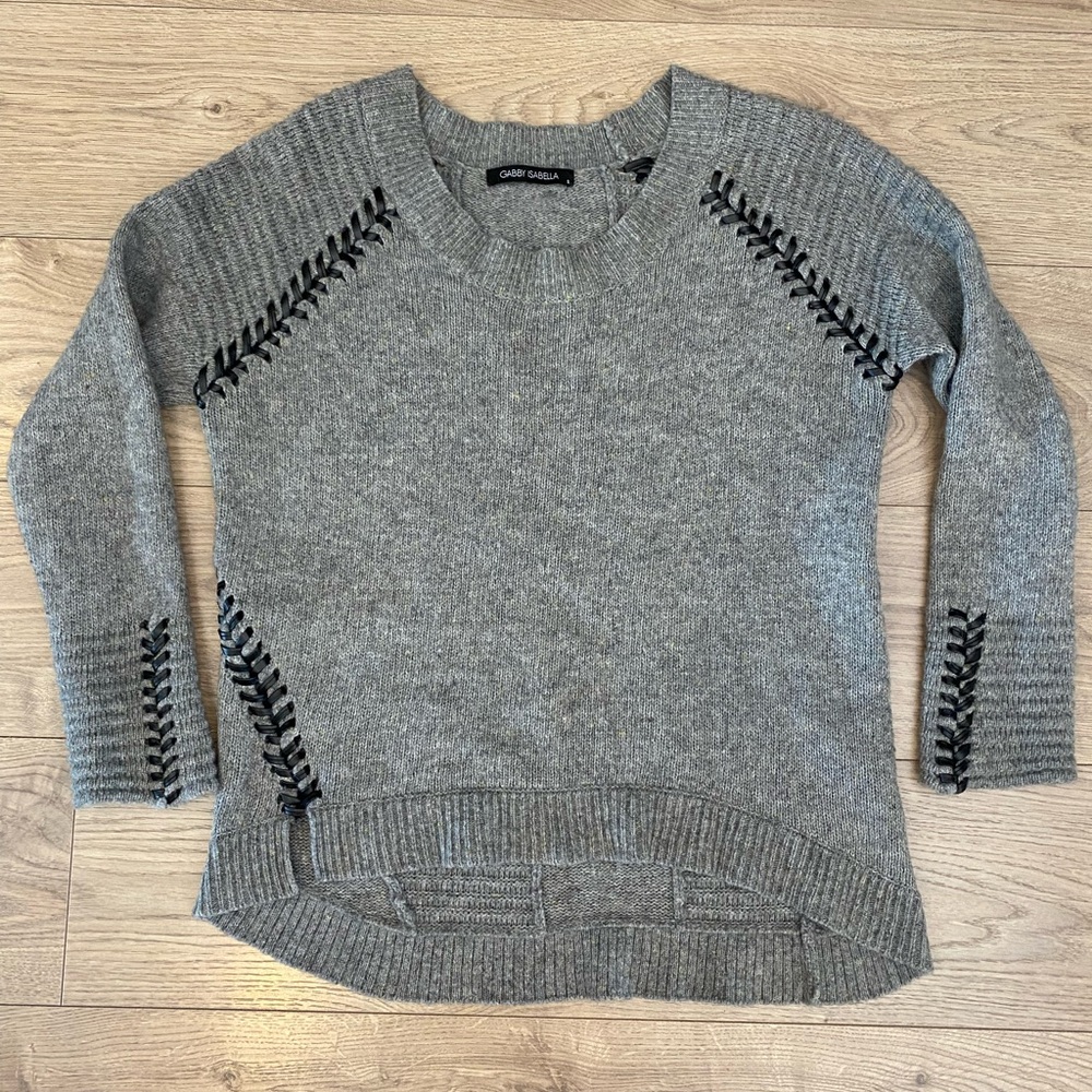 Gabby Isabella Heather Gray Sweater asymmetrical with faux leather stitching